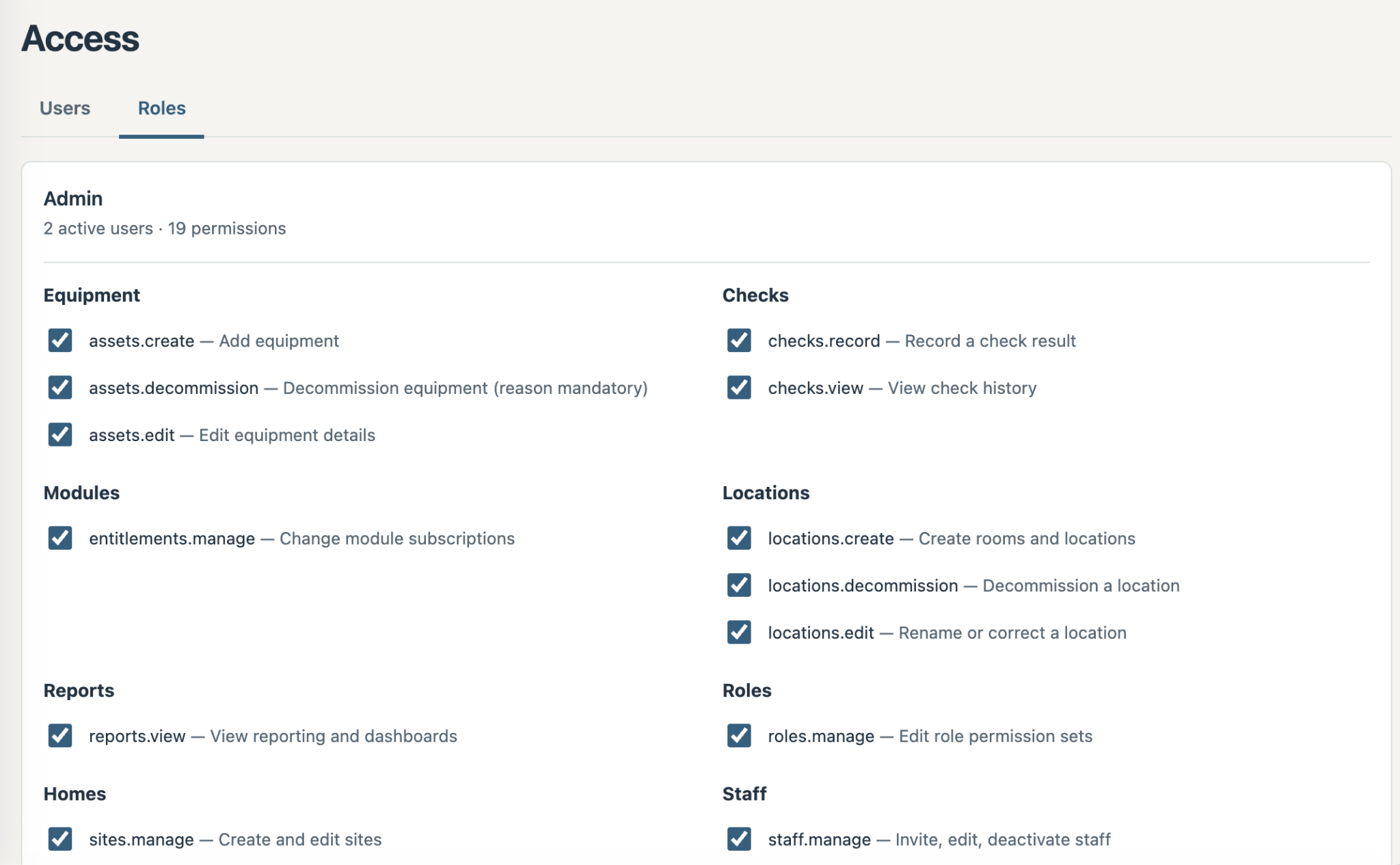Nexus Access screen showing role based permissions