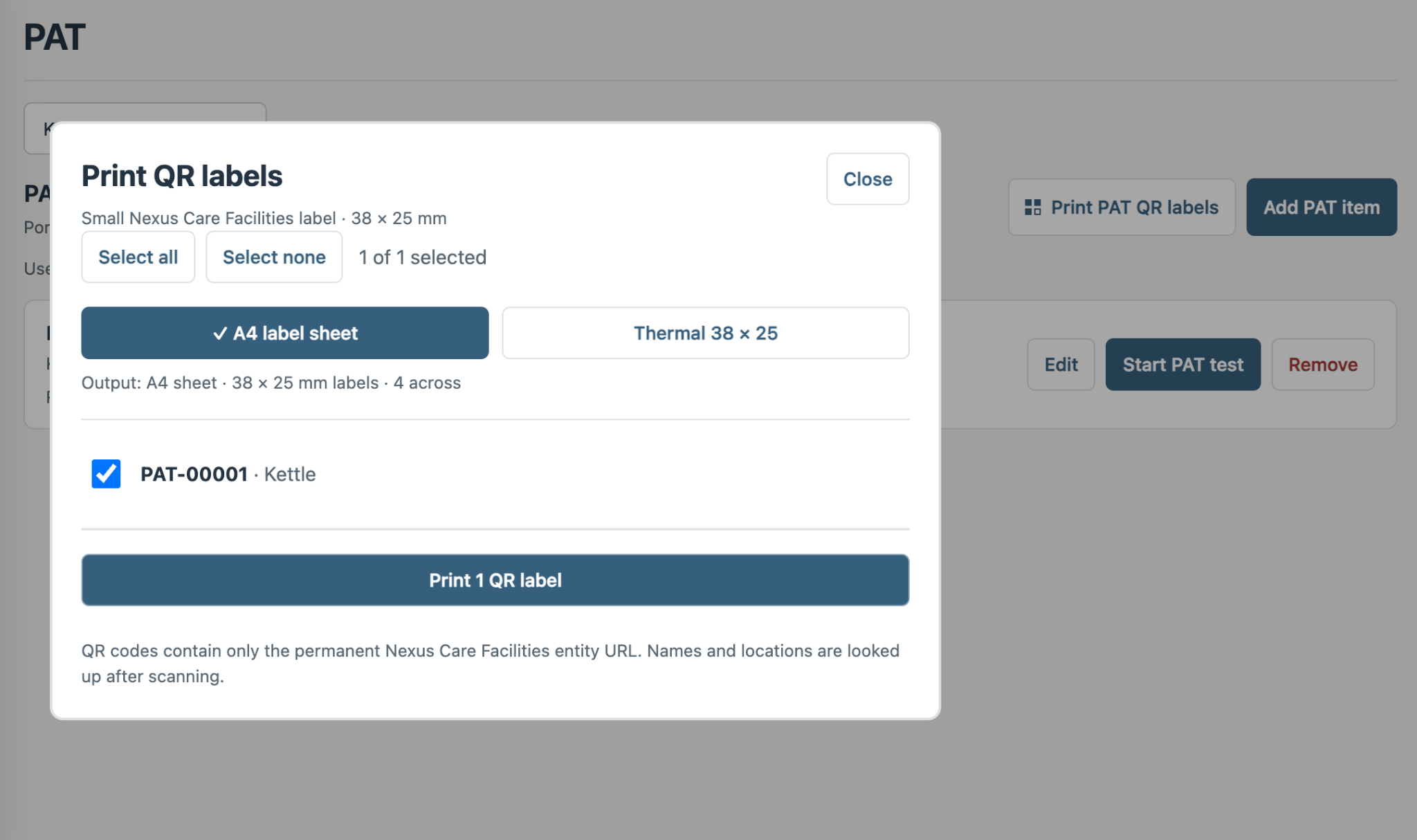 Nexus QR label printing screen