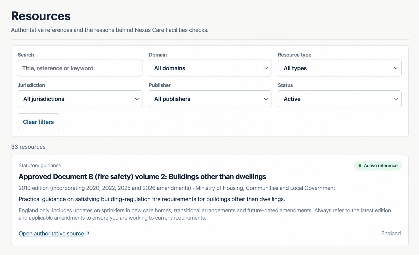 Nexus Resources screen showing authoritative guidance and regulation references
